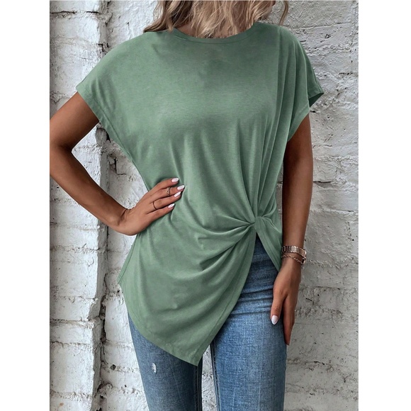 Twist Detail Green Tee Shirt Short Sleeve Round Neck - Picture 4 of 13
